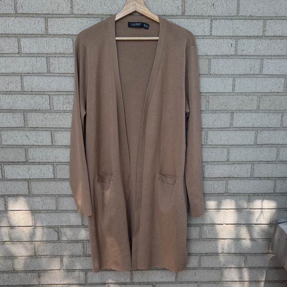 Women's Lauren Ralph Lauren Tan Ribbed Duster Cardigan Sweater Sz XXL - Picture 1 of 5
